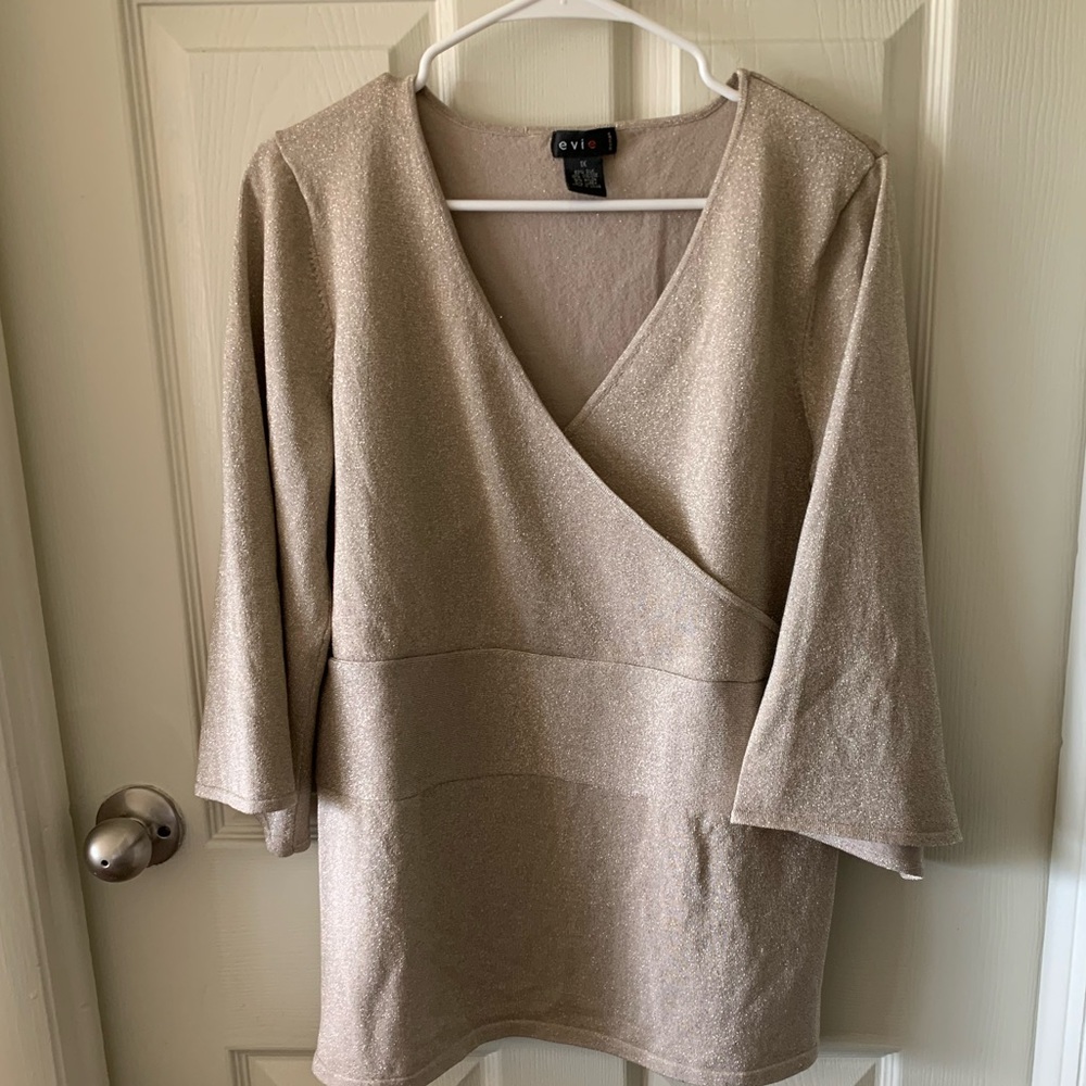 Evie gold metallic silk faux wrap top. Size 1X
